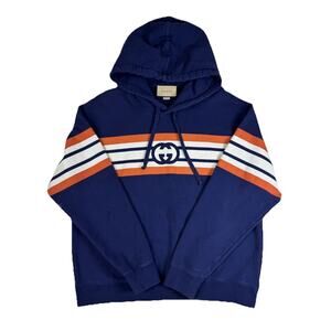 Gucci Men’s Blue/Orange 100% Cotton Striped GG Luxury Hoodie/Sweater - Size L